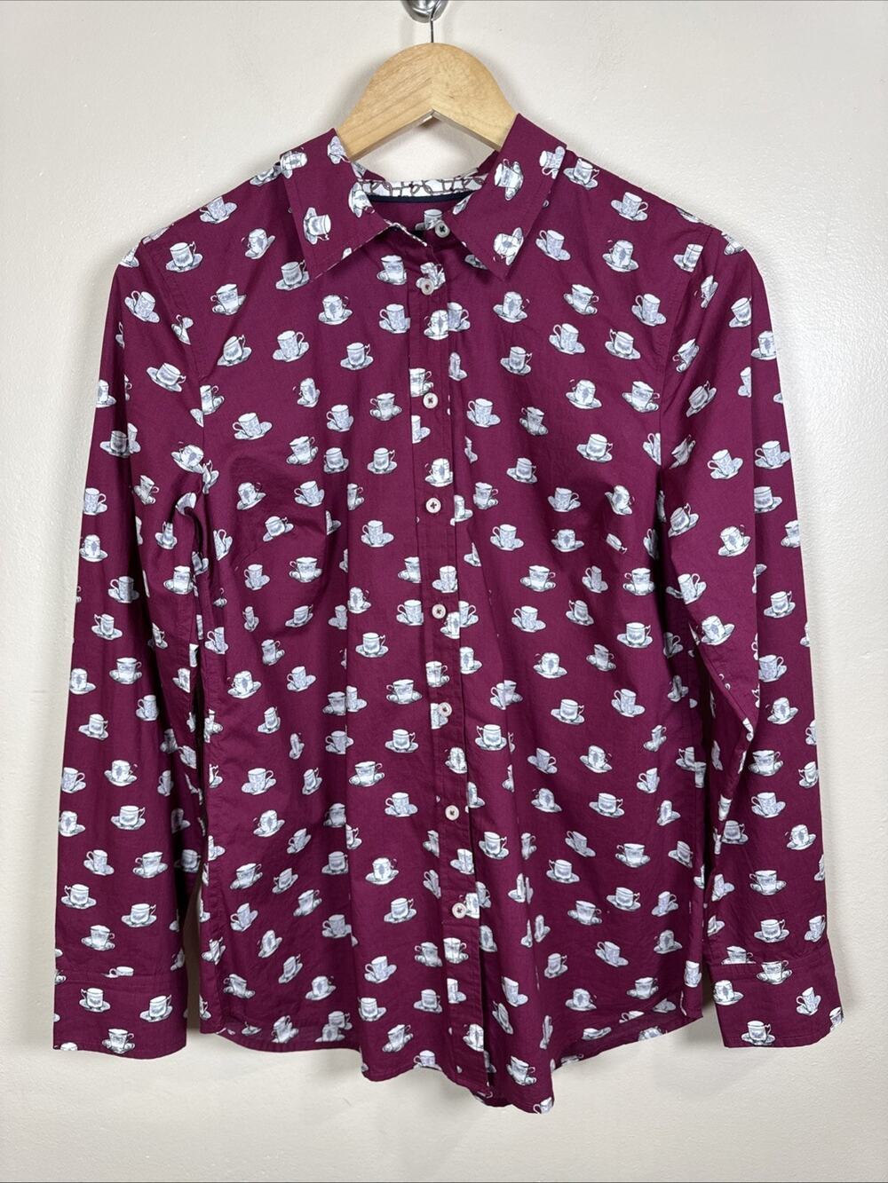 Talbots Womens Button Up Shirt S Teacup Coffee Mug Print Twee Novelty Print